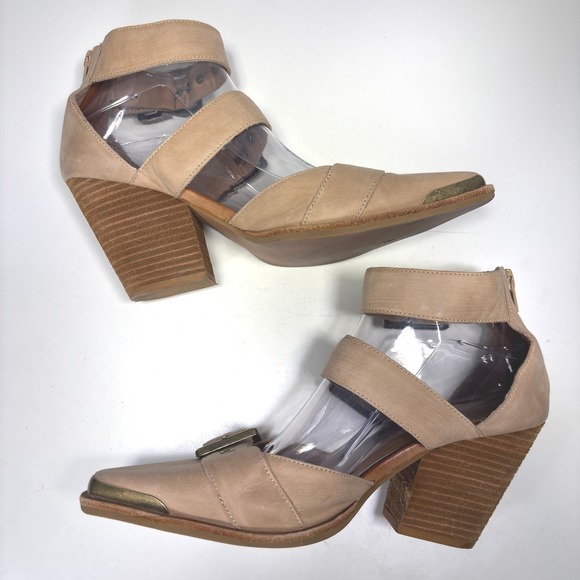 Free People x Jeffrey Campbell Nude Leather Strappy Block Heel Booties Size 8 - Picture 6 of 13